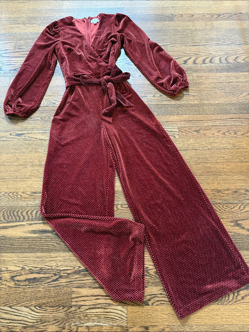 Lost & Wander Velvet Wrap Jumpsuit in rust - Wide-Leg, silver threading, xS
